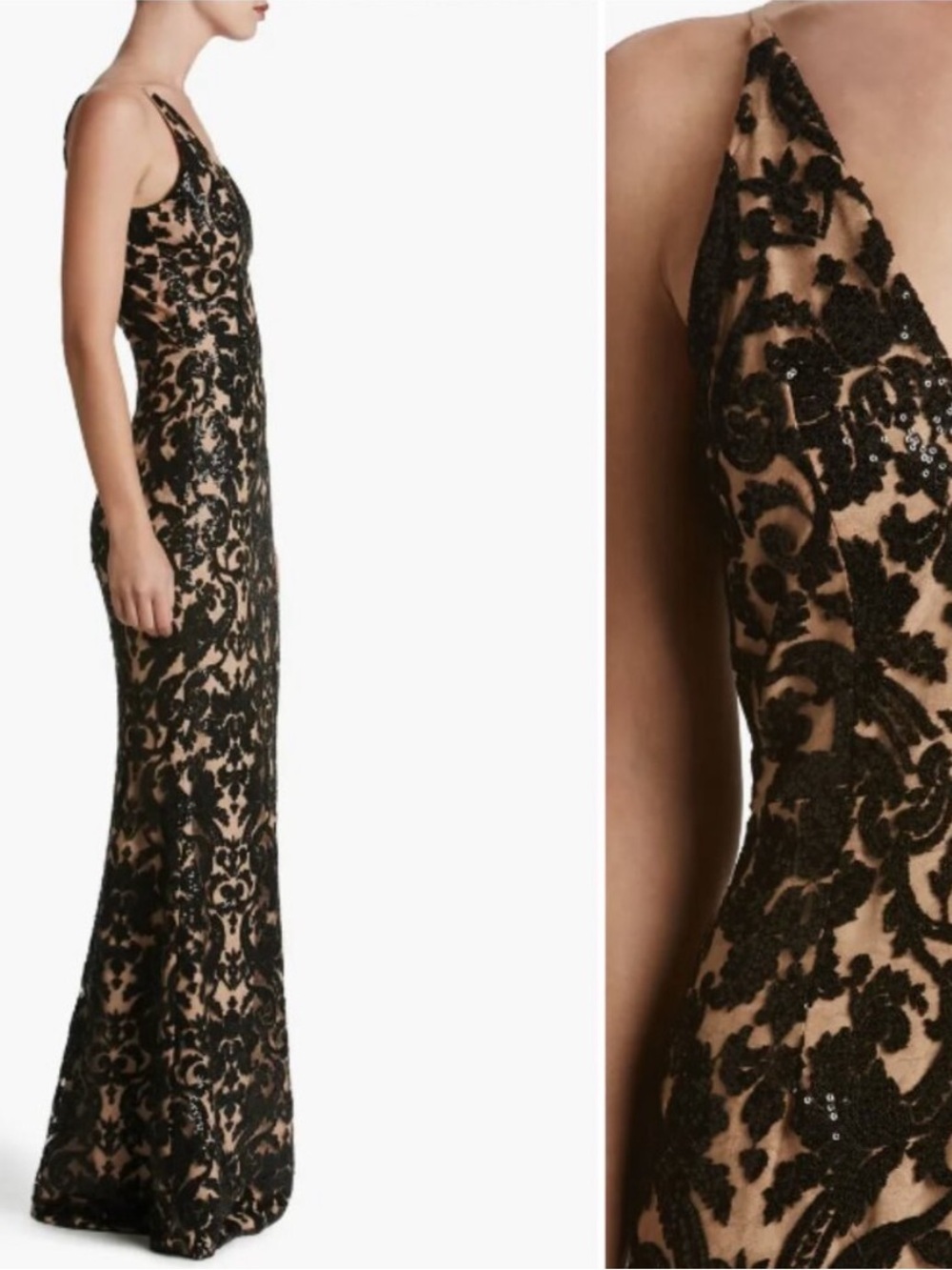 DRESS THE POPULATION Karen Black Lace Sequin Maxi Gown Nude Lining S Mermaid - Picture 5 of 11